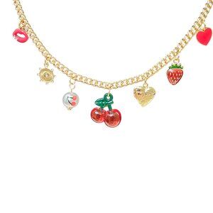 Gold Tone Charm Necklace With Heart & Cherry Accents NWT 18+2
